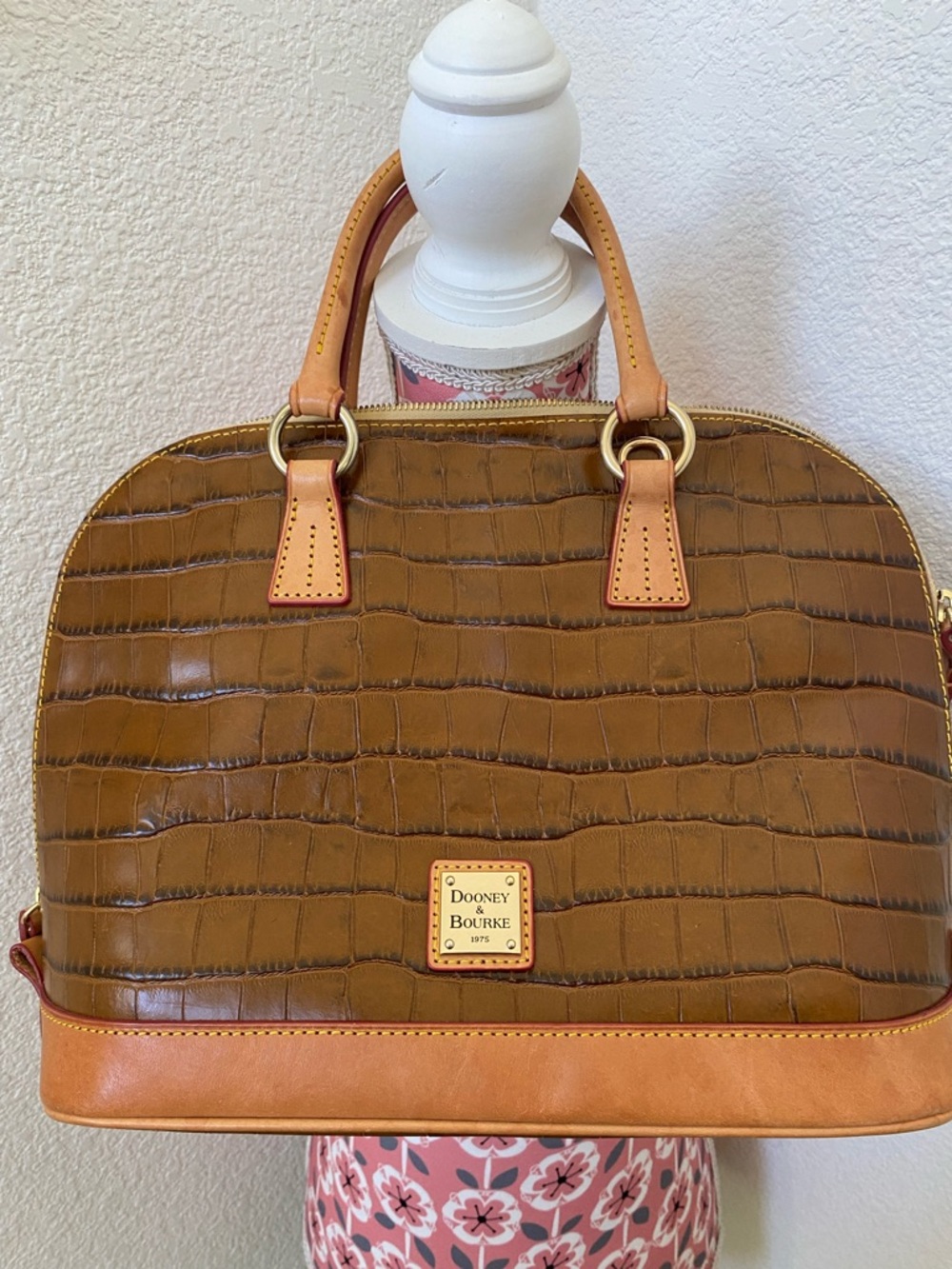 Dooney & Bourke Brown Croc-Embossed Satchel with Tan Trim